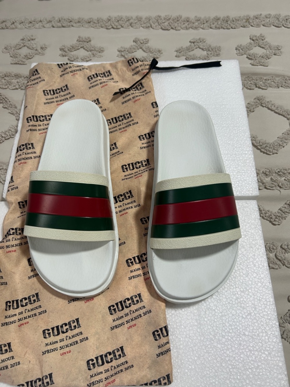 Gucci White Slides with Green & Red Striped Band